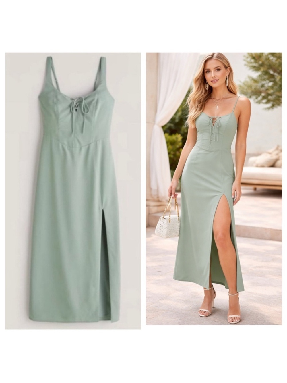 Abercrombie & Fitch Sage Green Corset Lace-Up Midi Dress with Side Slit XS Tall
